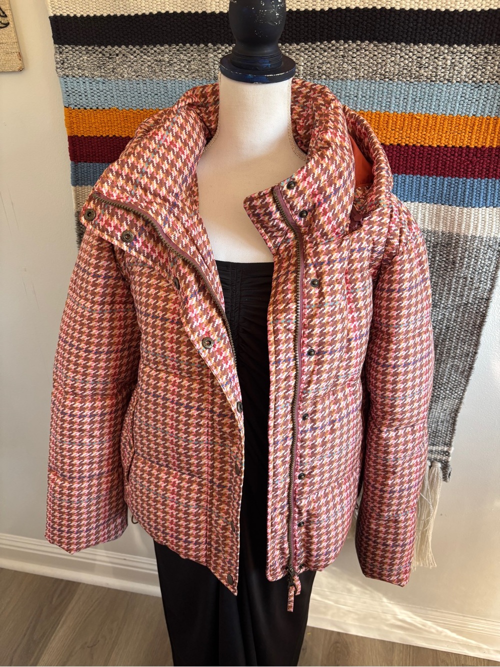 Sundance Pink Houndstooth Puffer Coat